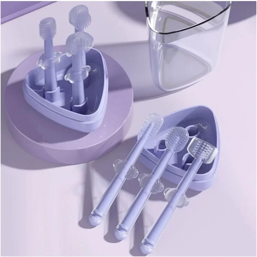 3pcs Baby Teeth Oral Care Cleaning Set Infant Silicone Toothbrush Kids 360 Degree Soft Oral Tongue Coating Care Cleaning Board