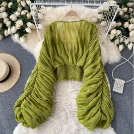 Women Sexy Chiffon Short Blouse Female See Through..