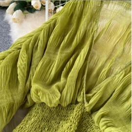 Women Sexy Chiffon Short Blouse Female See Through Super Long Sleeve Blusas Purple/Green/Black/White Folds Party Tops