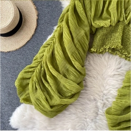 Women Sexy Chiffon Short Blouse Female See Through Super Long Sleeve Blusas Purple/Green/Black/White Folds Party Tops