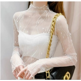 Sexy Black Line T-shirt For Women Mesh See Through Long Sleeve Tees Turtleneck Streetwear Women's Long Sleeve Top T-shirt Hot