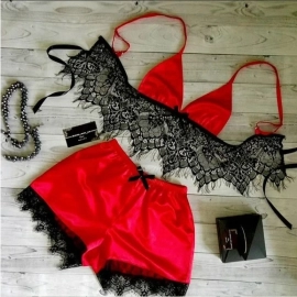 Women's Underwear Sexy Silk Satin Lingerie Pajamas Crop Tops Bralette&Panty Sets Soft Wear for Girls Tops Briefs Lace Suit