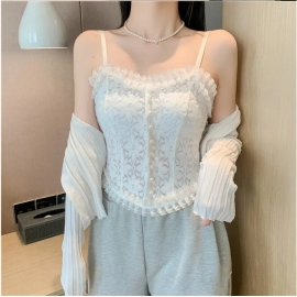Wholesale Lace Pattern Small Camisole with Breast Pads, Pleated Pearls, Sexy Outer Wear, Bottoming Chest-wrapped Top